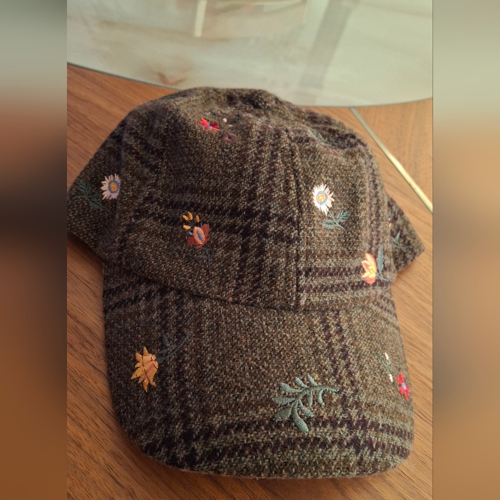 Zara Brown Plaid Hat with Embroidered Accents